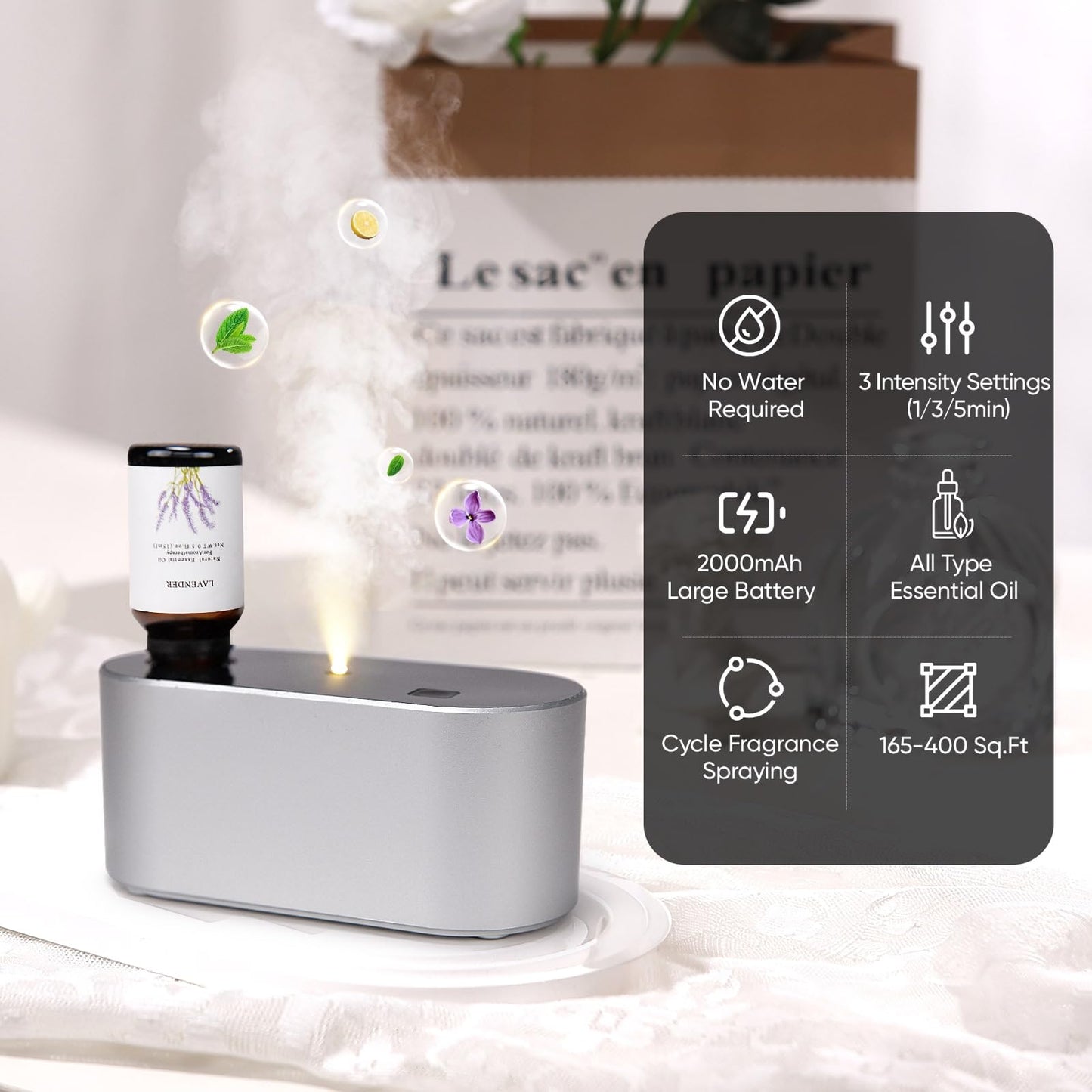 Lecdura Waterless Diffuser – Battery-Operated Essential Oil Diffuser with 3 Intermittent Mist Modes (Silver) for Home Office & Bedroom