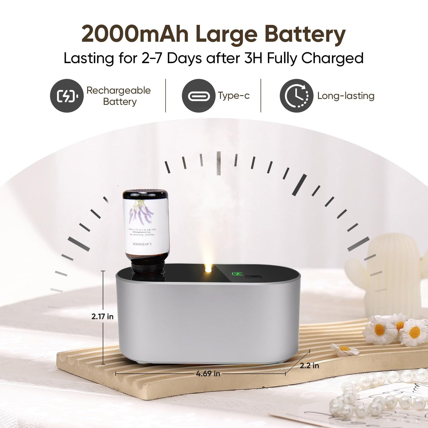 Lecdura Waterless Diffuser – Battery-Operated Essential Oil Diffuser with 3 Intermittent Mist Modes (Silver) for Home Office & Bedroom