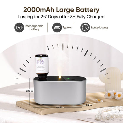 Lecdura Waterless Diffuser – Battery-Operated Essential Oil Diffuser with 3 Intermittent Mist Modes (Silver) for Home Office & Bedroom