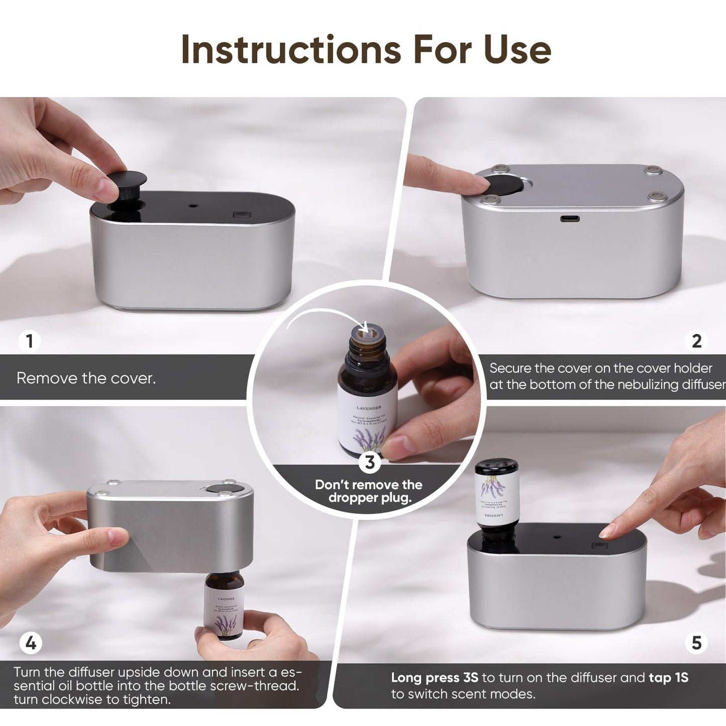 Lecdura Waterless Diffuser – Battery-Operated Essential Oil Diffuser with 3 Intermittent Mist Modes (Silver) for Home Office & Bedroom