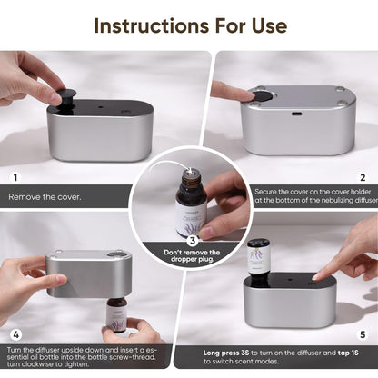 Lecdura Waterless Diffuser – Battery-Operated Essential Oil Diffuser with 3 Intermittent Mist Modes (Silver) for Home Office & Bedroom