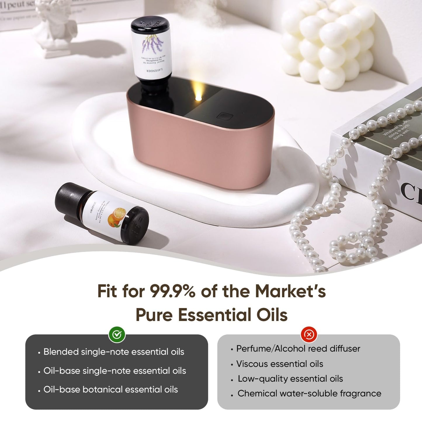 Lecdura Waterless Diffuser Rose Gold – Battery-Operated, 3 Intermittent Mist Modes