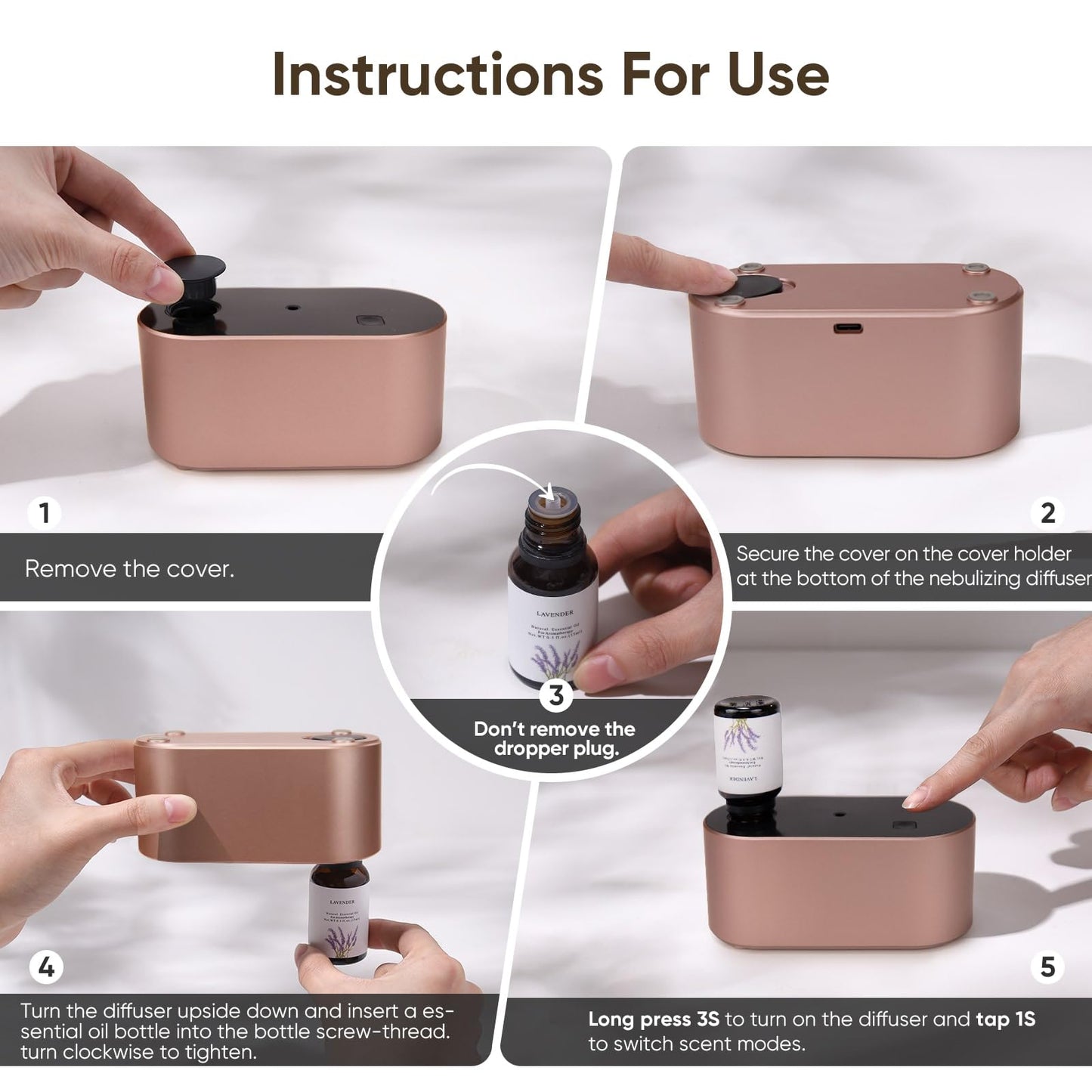 Lecdura Waterless Diffuser Rose Gold – Battery-Operated, 3 Intermittent Mist Modes
