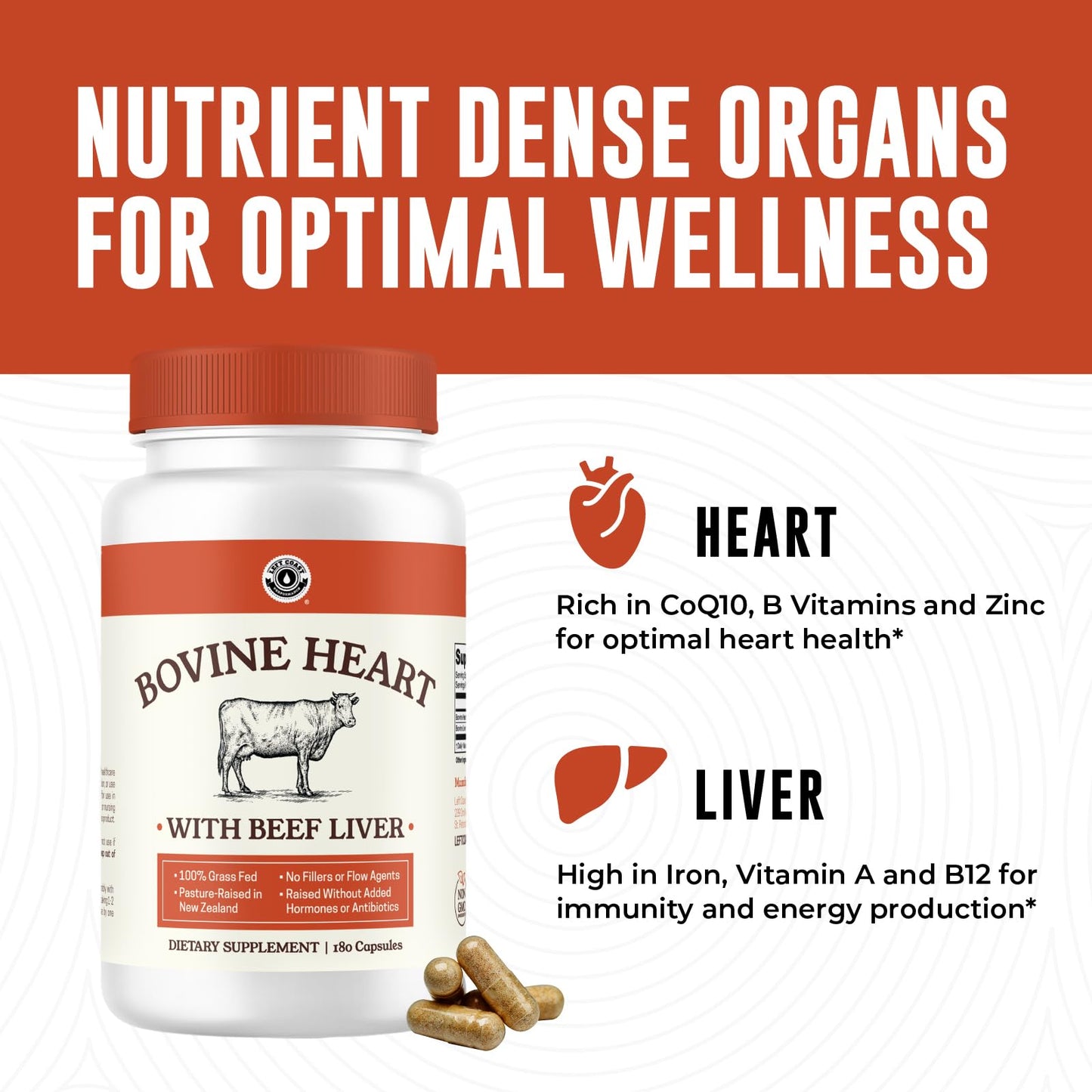 Left Coast Performance Grass-Fed Beef Heart & Liver Supplement | Pasture-Raised NZ | 180 Capsules