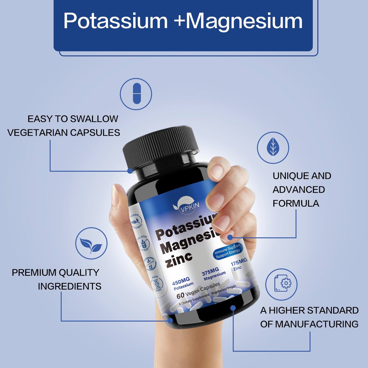 Potassium Magnesium 1000mg Supplement | Leg Cramps Relief | High Absorption | Vegan (60 Capsules)