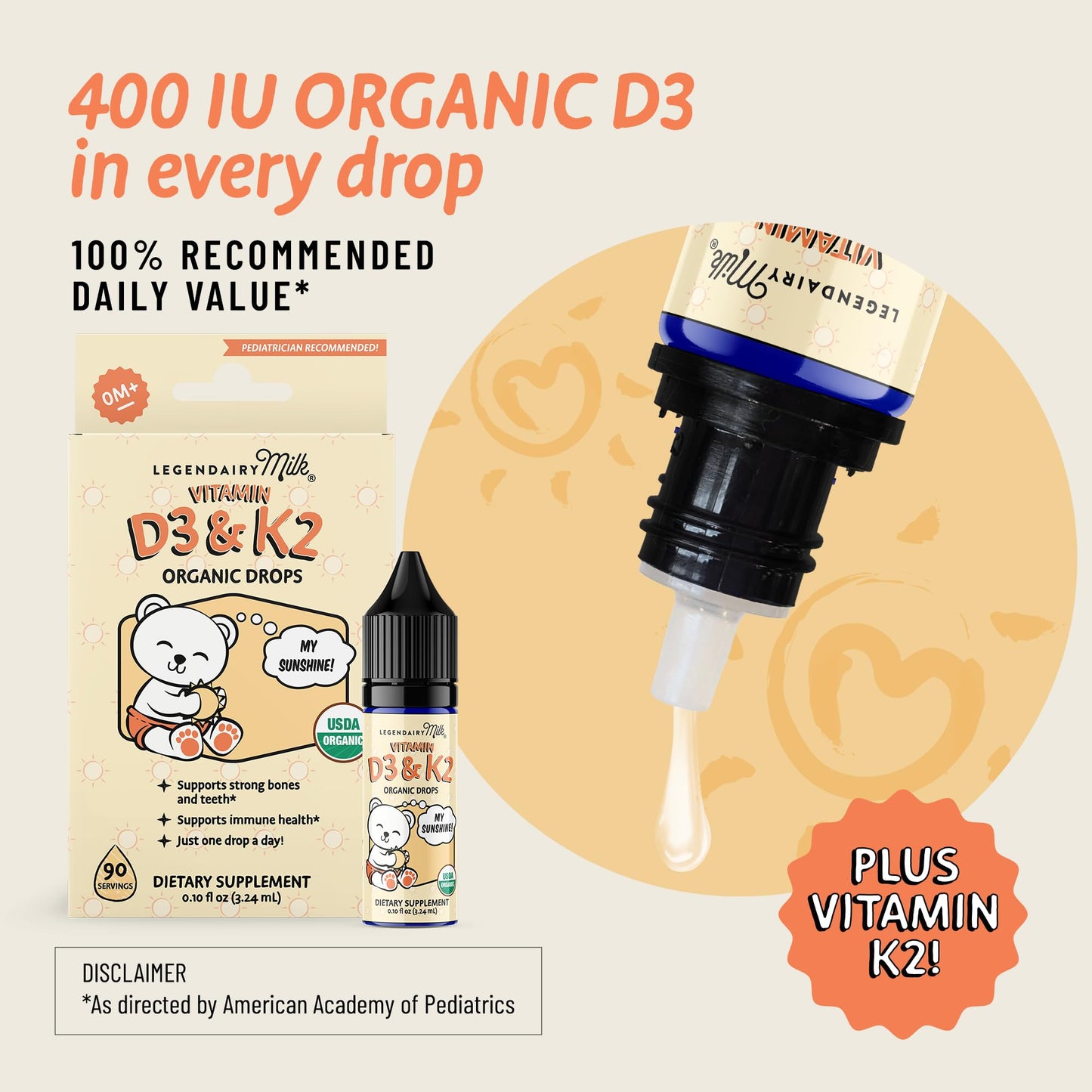 Legendairy Milk Organic Baby Vitamin D3 K2 Drops – 400 IU, 90 Servings