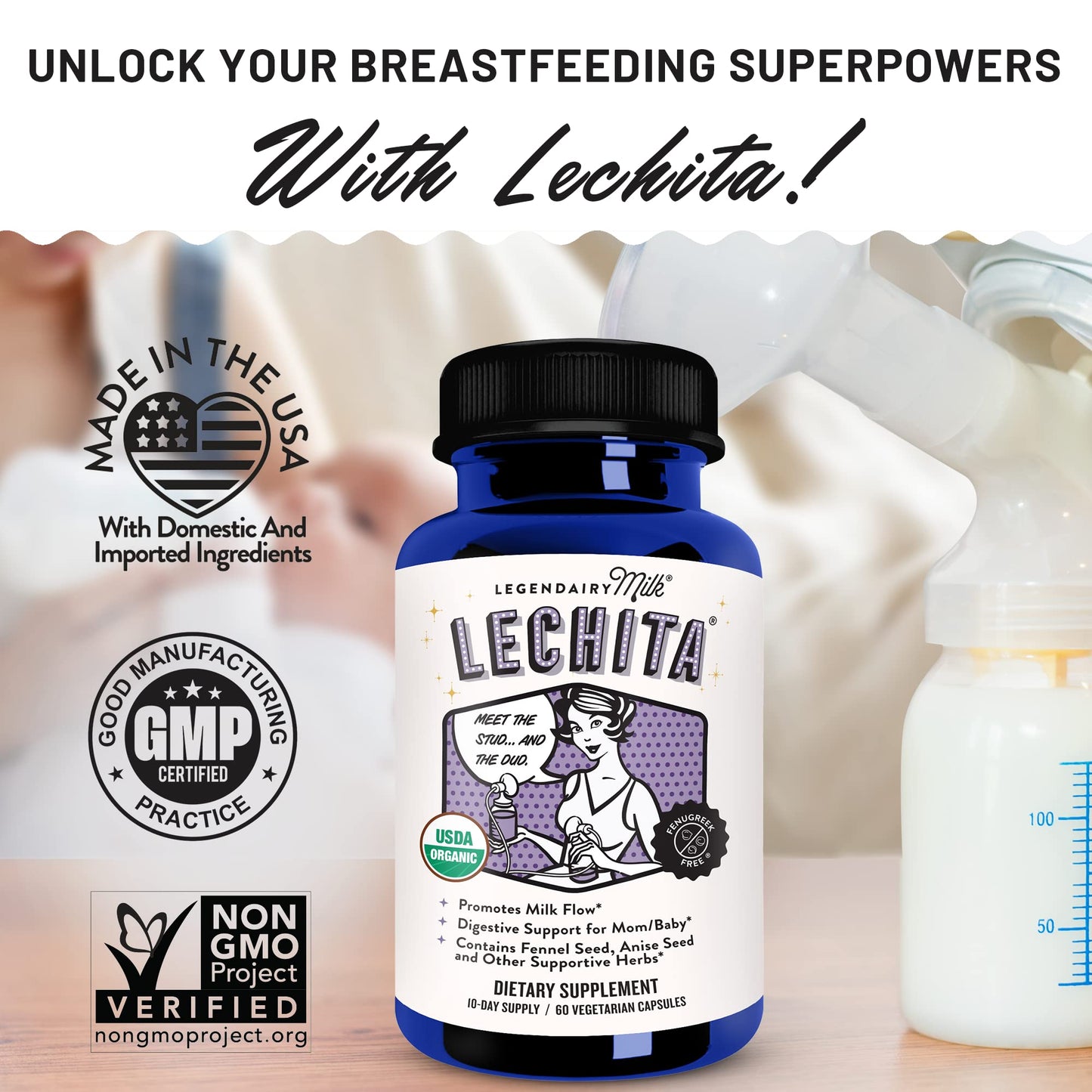 Legendairy Milk Lechita – Supports Milk Flow | Fenugreek-Free, Organic Fennel & Anise (60 Vegan Capsules) – Made in USA