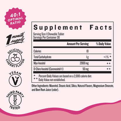 Legendairy Milk Pure Inositol Chewable Tablets - Myo-Inositol & D-Chiro Inositol for Hormonal Balance & Fertility - 40:1 Ratio - 30 Day Supply