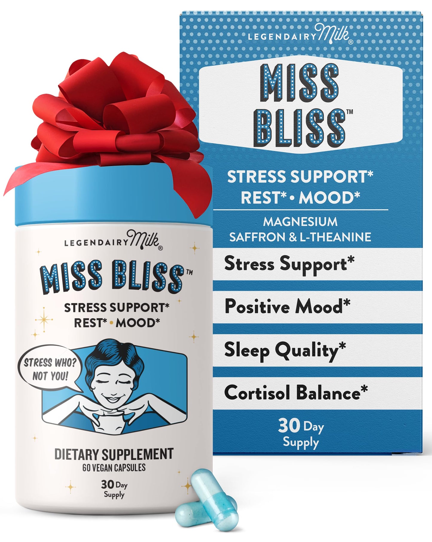Miss Bliss Daily Stress Support – Saffron, L-Theanine & Magnesium | Legendairy Milk 60 Capsules