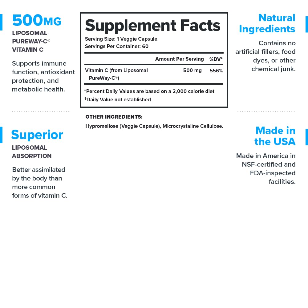 LEGION Liposomal Vitamin C Supplement - High-Absorption 500mg Vitamin C for Immune Support (60 Capsules)