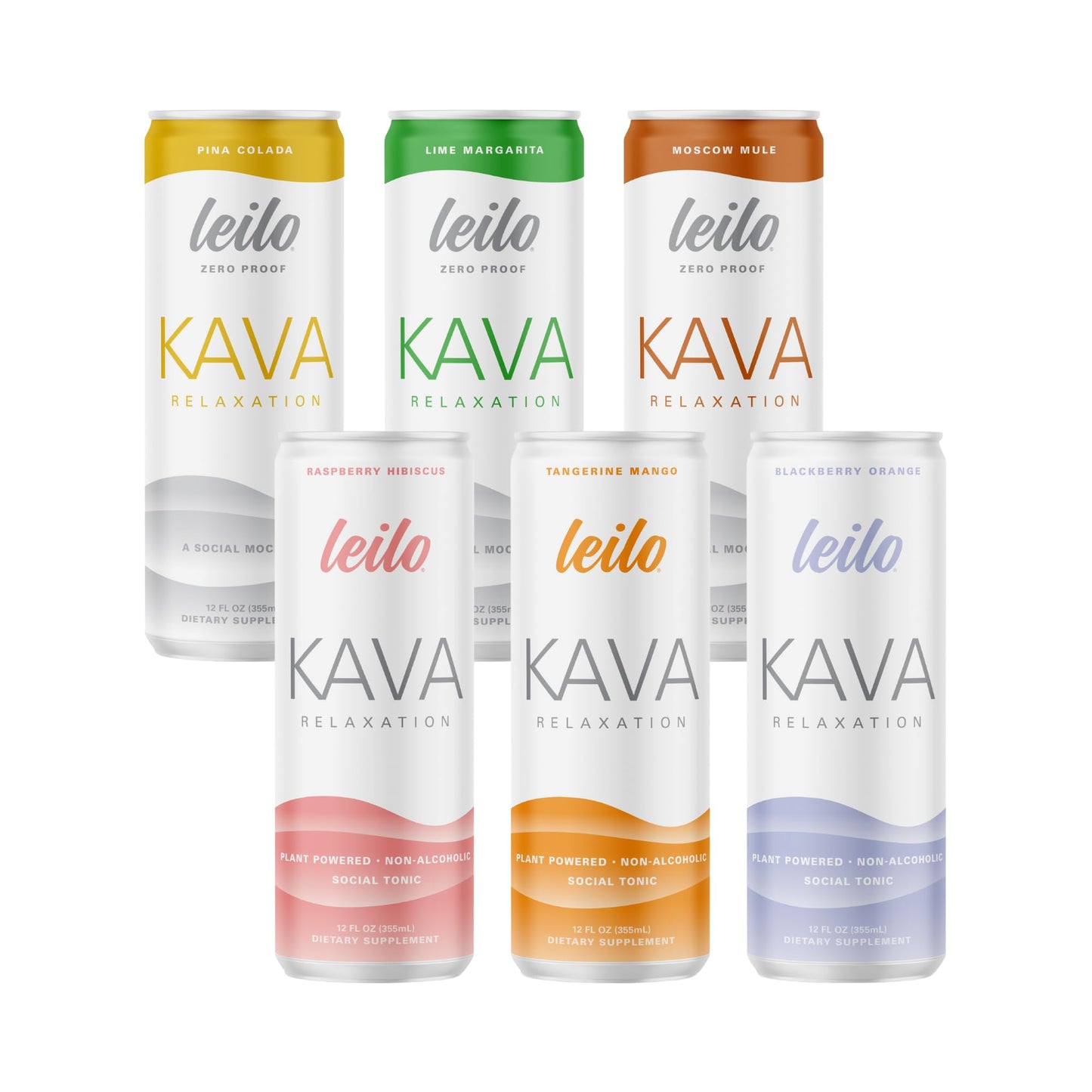 LEILO Kava-Powered Sparkling Relaxation Drink - Variety Sampler 6-Pack | 12 oz Cans | Non-ALC