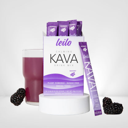 LEILO Calming Kava Drink Mix – Berry, 10 Sticks | Non-Alcoholic, Sugar-Free Plant-Based Relaxation