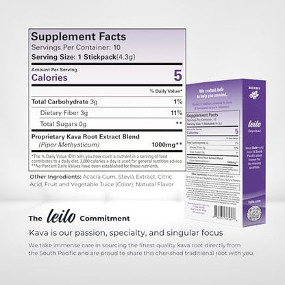 LEILO Calming Kava Drink Mix – Berry, 10 Sticks | Non-Alcoholic, Sugar-Free Plant-Based Relaxation