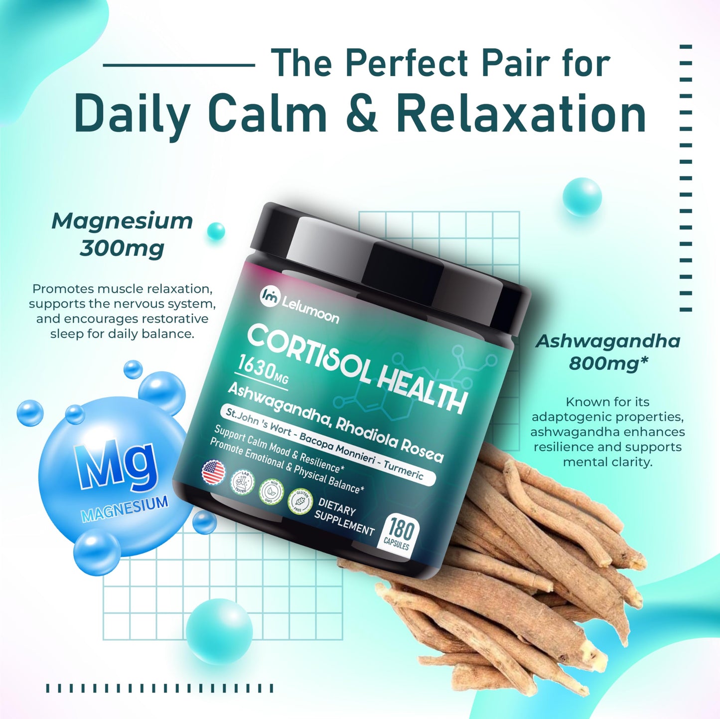 LELUMOON Ultra Cortisol Health 1630 mg – Mood & Resilience Support | Made in USA | 180 Capsules
