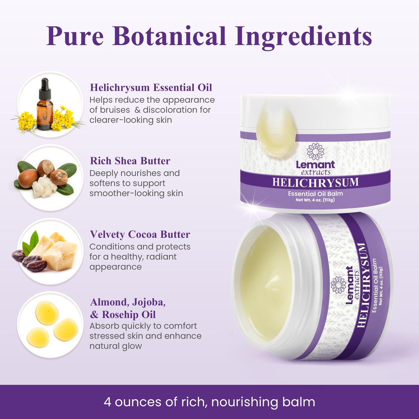 Lemant Extracts Helichrysum Balm (4 oz) – Triple Strength Helichrysum Essential Oil Salve to Reduce Bruising, Calm Redness & Support Skin Vitality (Includes One 4 oz Jar)