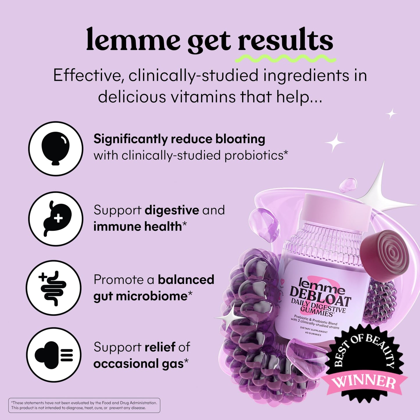 Lemme Debloat Digestive & Gut Health Gummies with 2 Clinically Studied Probiotics & Prebiotic | 60 Count