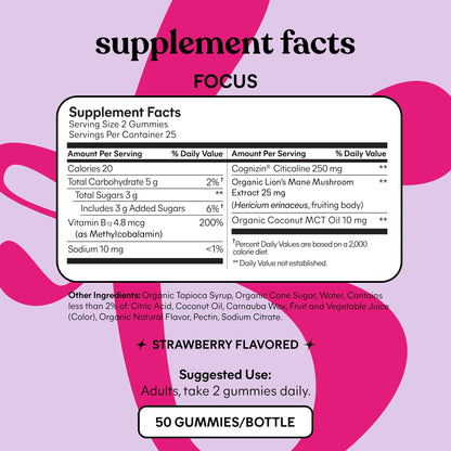 Lemme Focus Gummies – Cognizin, Lion’s Mane & B12 for Focus (50ct, Strawberry)