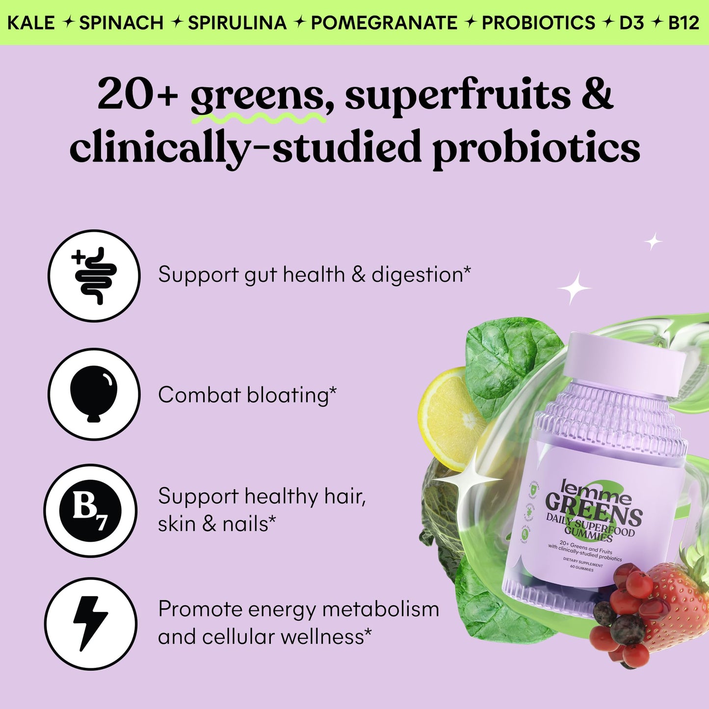 Lemme Greens Superfood Gummies – Gut Health & Bloating Support (60 Count)