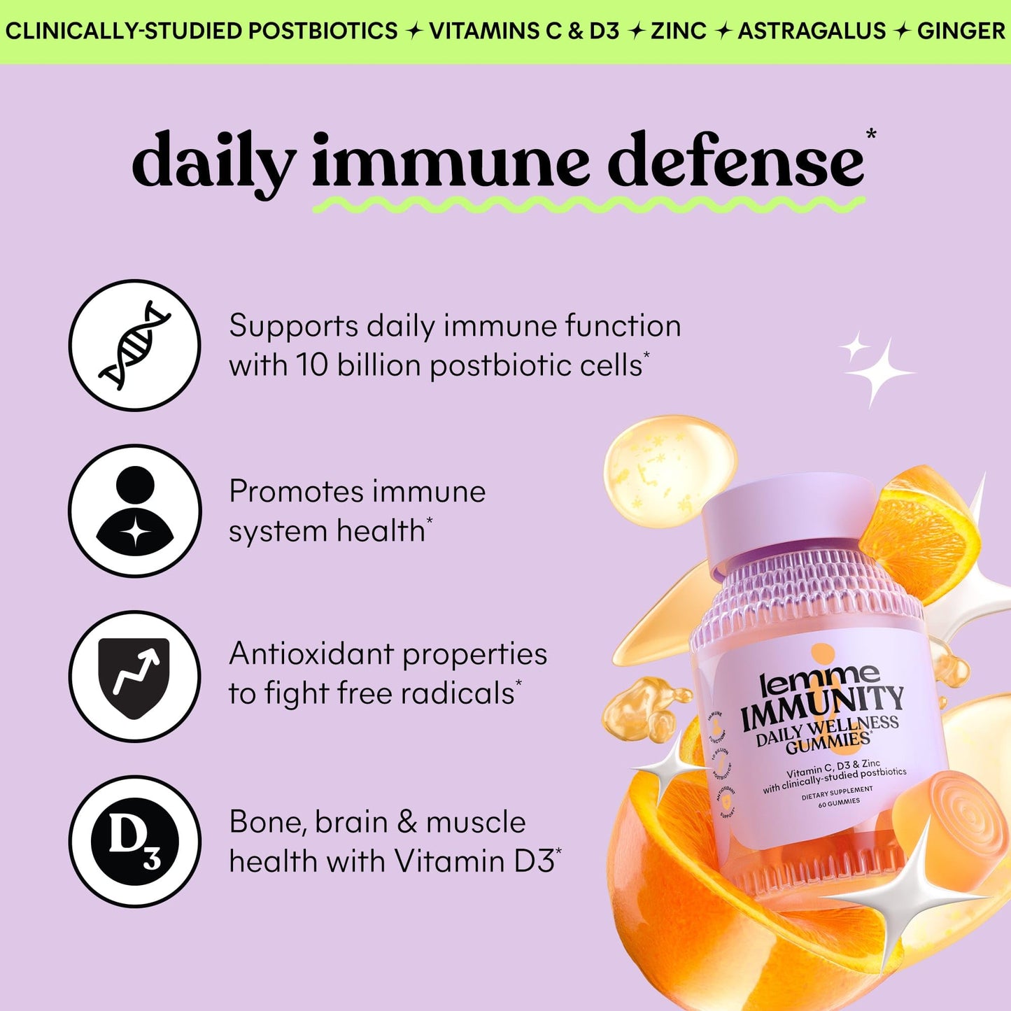 Lemme Immunity Postbiotic Gummies – Vitamin C, D3 2000 IU, Zinc, 60 Count, Astragalus (Vegetarian, Gluten Free)