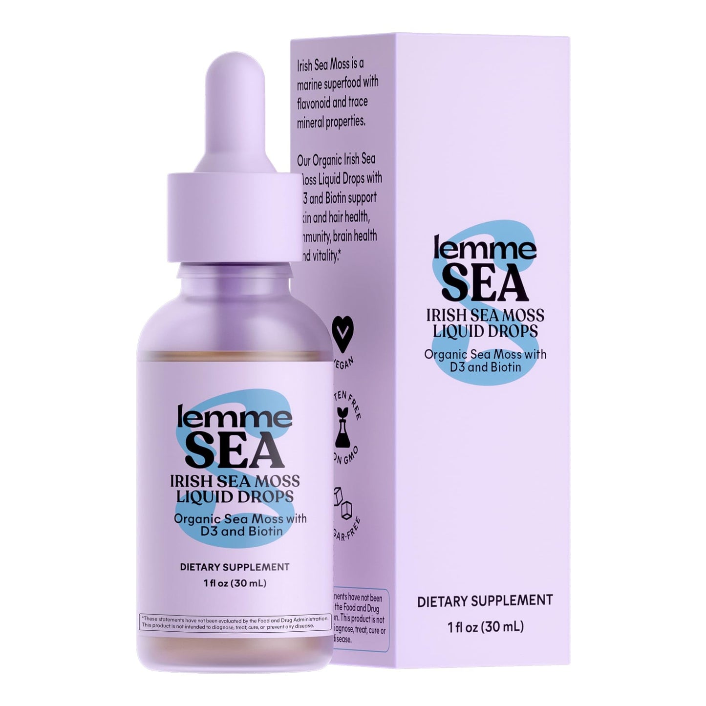 Lemme Irish Sea Moss Organic Liquid Drops with D3 & Biotin – 1 oz, 30 Servings, Immunity, Hair, Skin & Nails