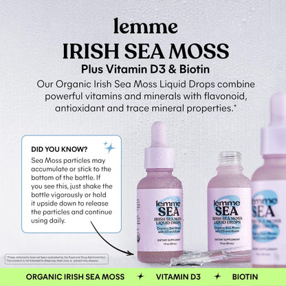 Lemme Irish Sea Moss Organic Liquid Drops with D3 & Biotin – 1 oz, 30 Servings, Immunity, Hair, Skin & Nails