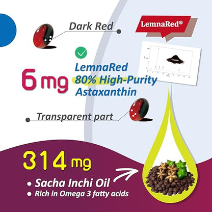 LemnaRed Free-Form Astaxanthin 6mg Softgels – 60 Count | Strongest Antioxidant with Sacha Inchi Oil