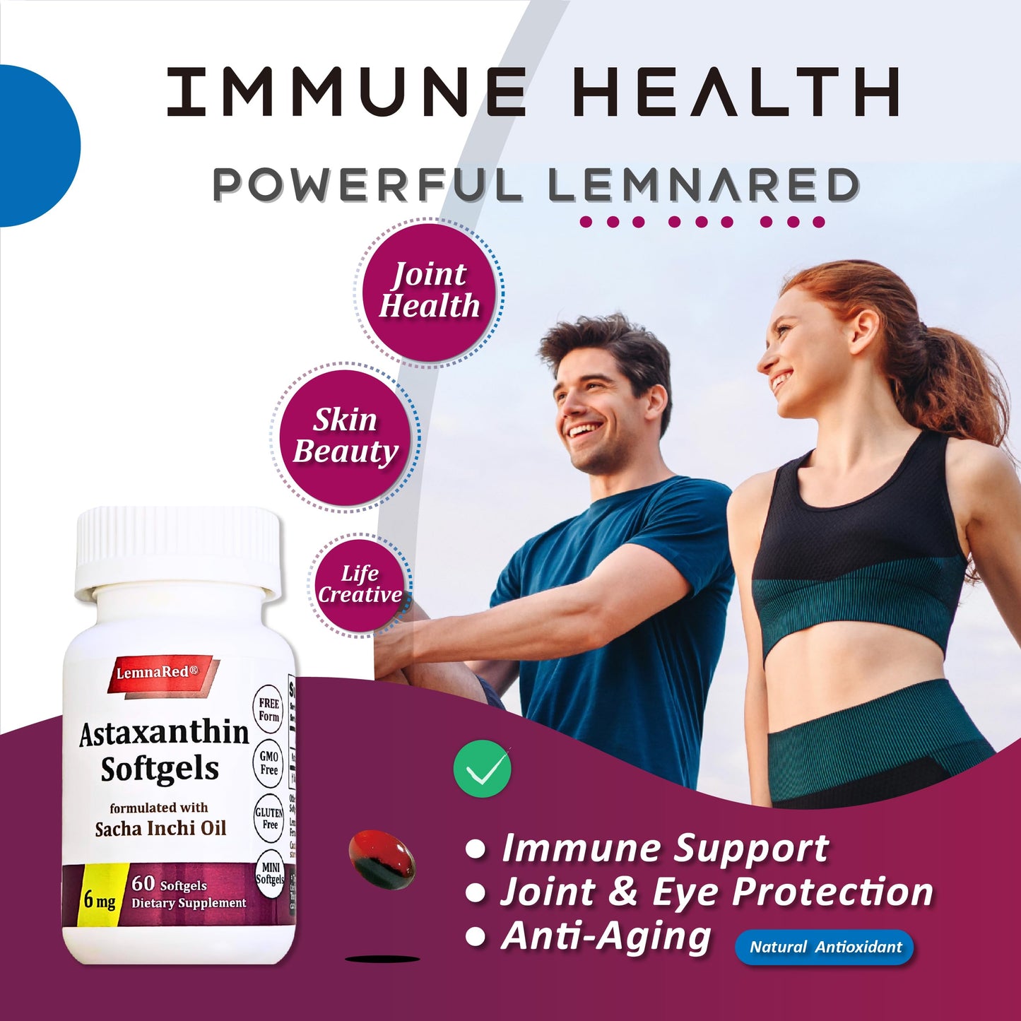 LemnaRed Free-Form Astaxanthin 6mg Softgels – 60 Count | Strongest Antioxidant with Sacha Inchi Oil