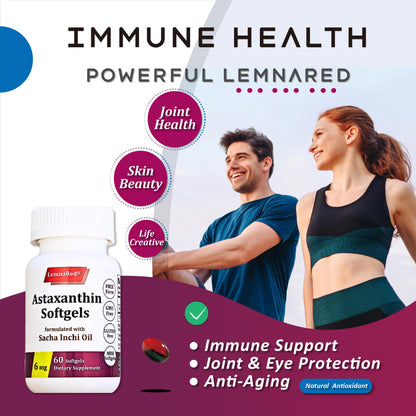 LemnaRed Free-Form Astaxanthin 6mg Softgels – 60 Count | Strongest Antioxidant with Sacha Inchi Oil