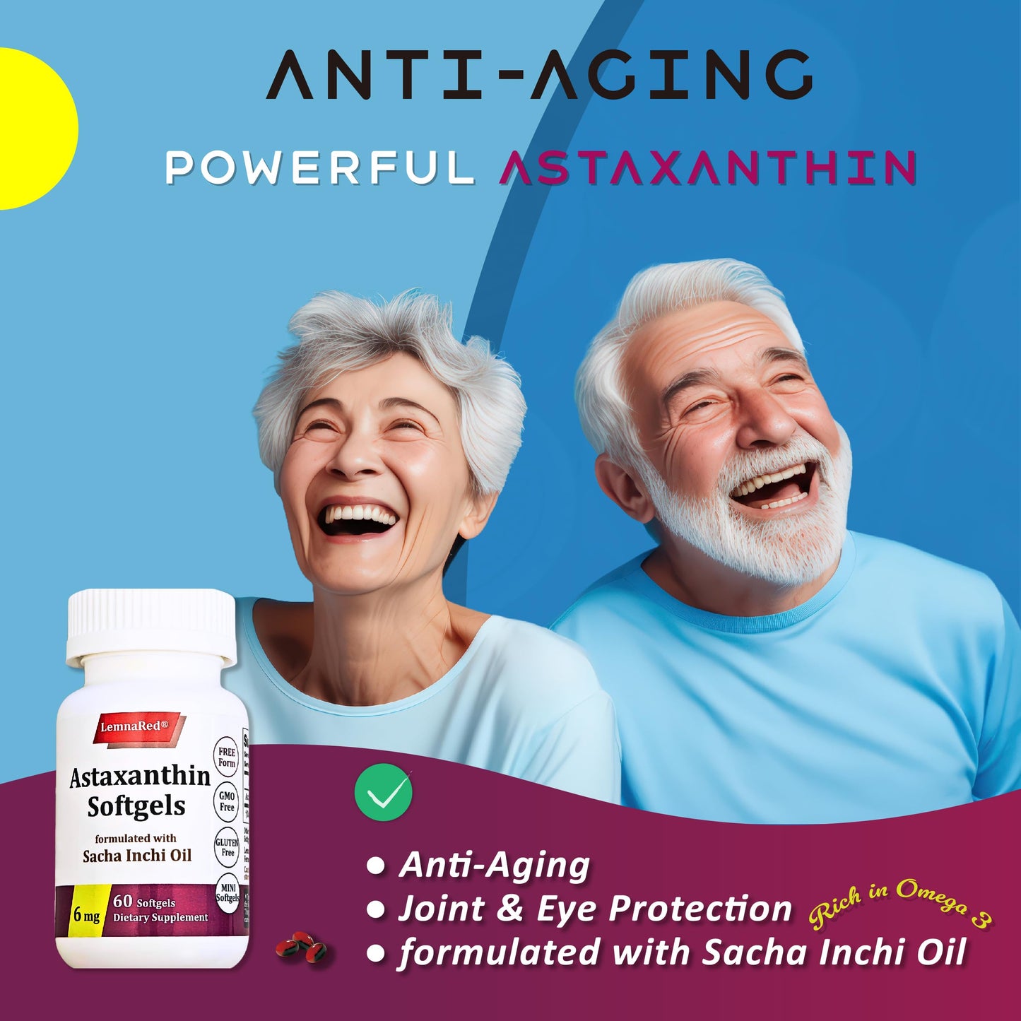 LemnaRed Free-Form Astaxanthin 6mg Softgels – 60 Count | Strongest Antioxidant with Sacha Inchi Oil