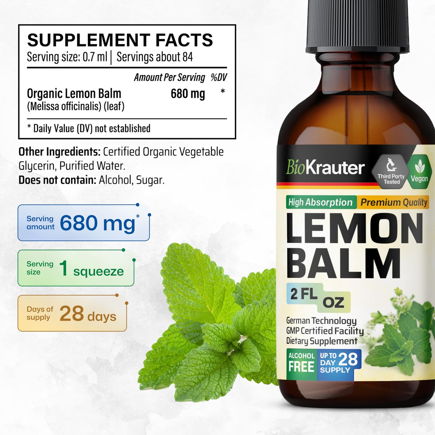 BIO KRAUTER® Lemon Balm Tincture 680 mg – Pure Vegan Melissa Officinalis Extract, 2 Fl Oz, 28 Days of Supply, Calming Sleep Support