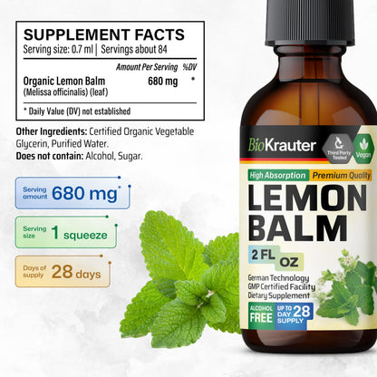 BIO KRAUTER® Lemon Balm Tincture 680 mg – Pure Vegan Melissa Officinalis Extract, 2 Fl Oz, 28 Days of Supply, Calming Sleep Support