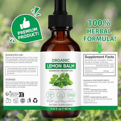 Lemon Balm Extract - Alcohol-Free Tincture (590mg per dose) - Natural Organic Lemon Balm Liquid for Relaxation | 2.02 Fl Oz