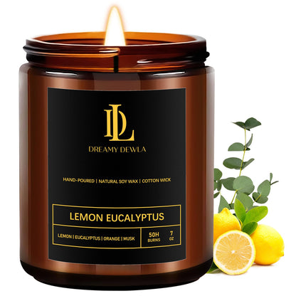 Lemon Eucalyptus Soy Candles 7oz • 50-Hour Burn Time • Home Scent & Gift