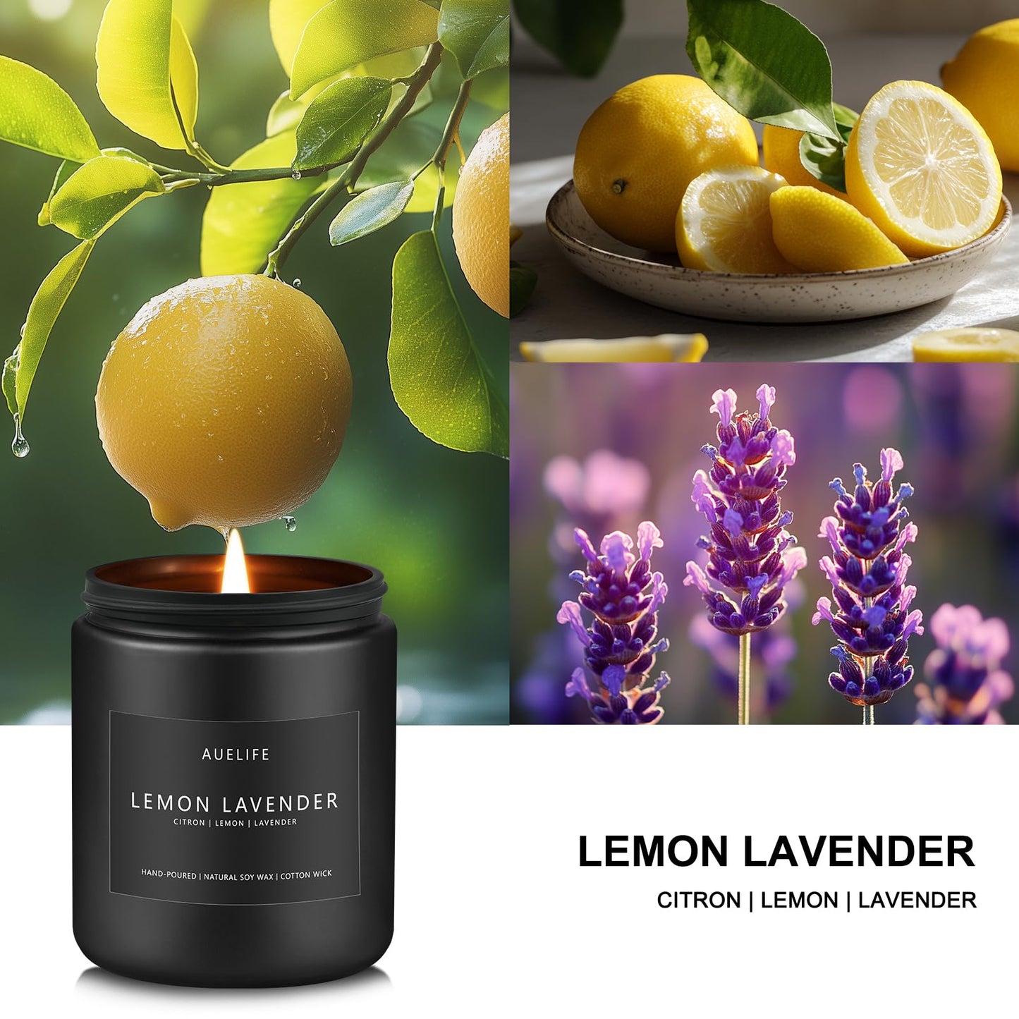Lemon Lavender Candle – Soy Wax Scented Candle for Home, 7oz, 50 Hours Burn Time