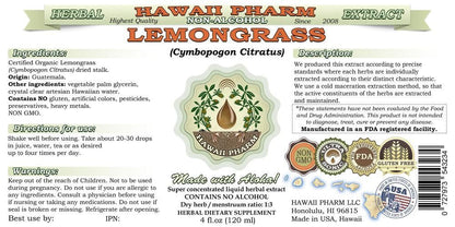 Organic Lemongrass Alcohol-Free Liquid Extract (Cymbopogon citratus) 2 oz | Hawaii Pharm
