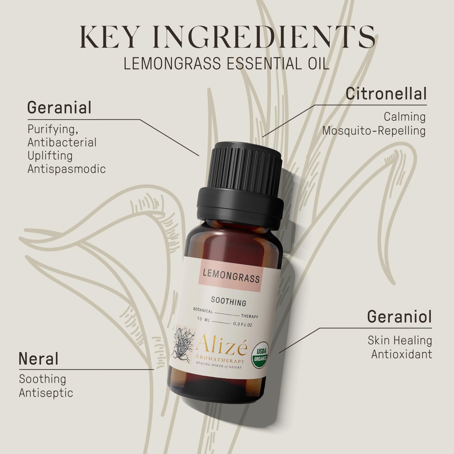 Organic Lemongrass Essential Oil, USDA Certified Organic 100% Natural & Pure Essential Oils for Diffusers for Home, Aromatherapy Oils, Diffuser Oils Scents, Refreshing, 10ml-0.33 fl oz