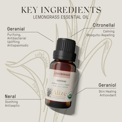 Organic Lemongrass Essential Oil, USDA Certified Organic 100% Natural & Pure Essential Oils for Diffusers for Home, Aromatherapy Oils, Diffuser Oils Scents, Refreshing, 10ml-0.33 fl oz