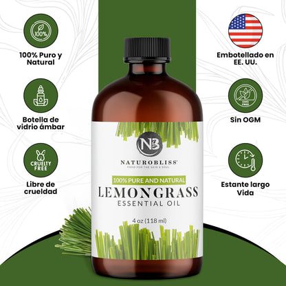 NaturoBliss Lemongrass Essential Oil – 100% Pure, Therapeutic Grade, 4 fl oz with Glass Dropper