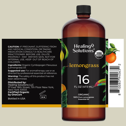 Healing Solutions Organic Lemongrass Essential Oil - 16oz Bulk for Aromatherapy