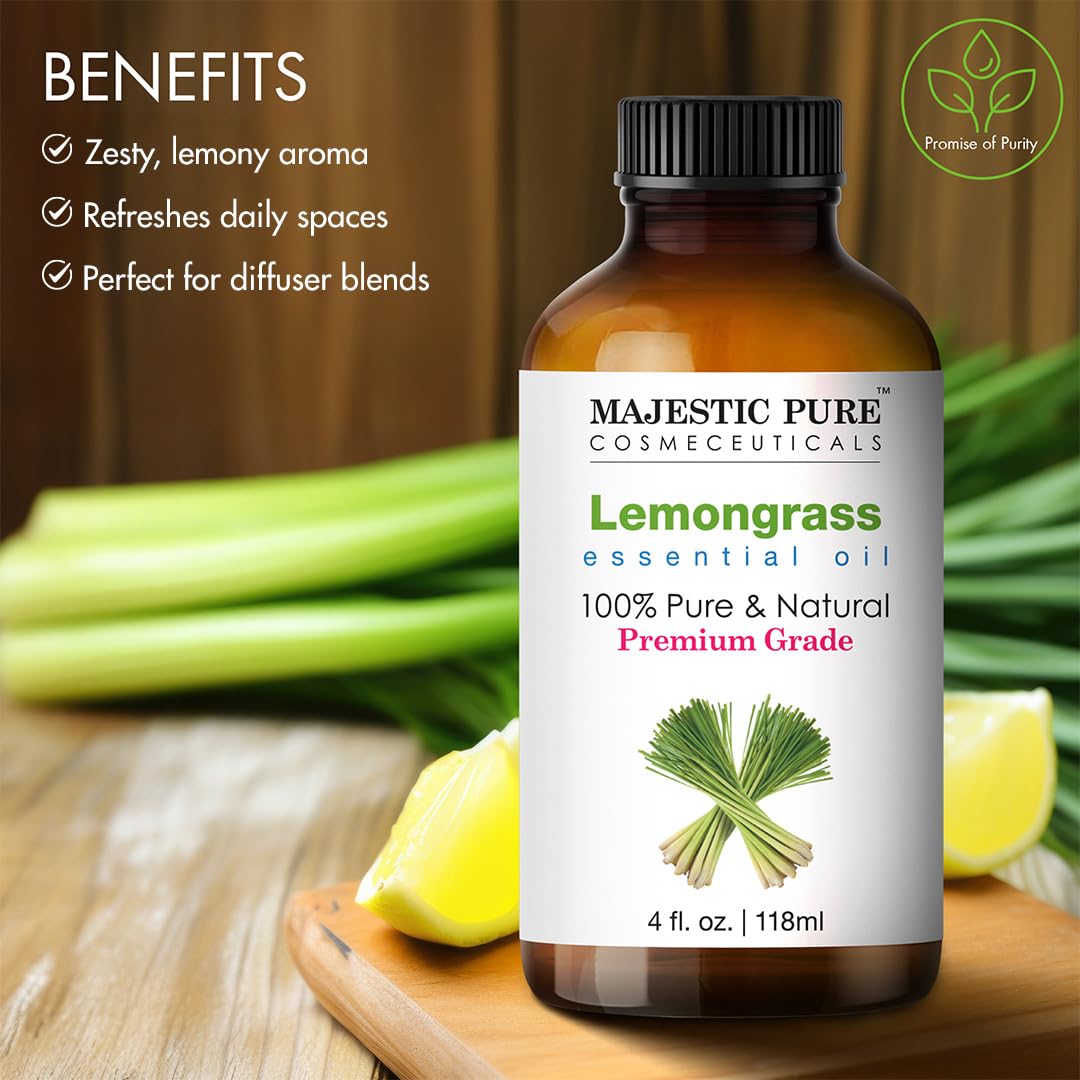 Majestic Pure Lemongrass Essential Oil – 100% Pure & Natural, 4 Fl Oz