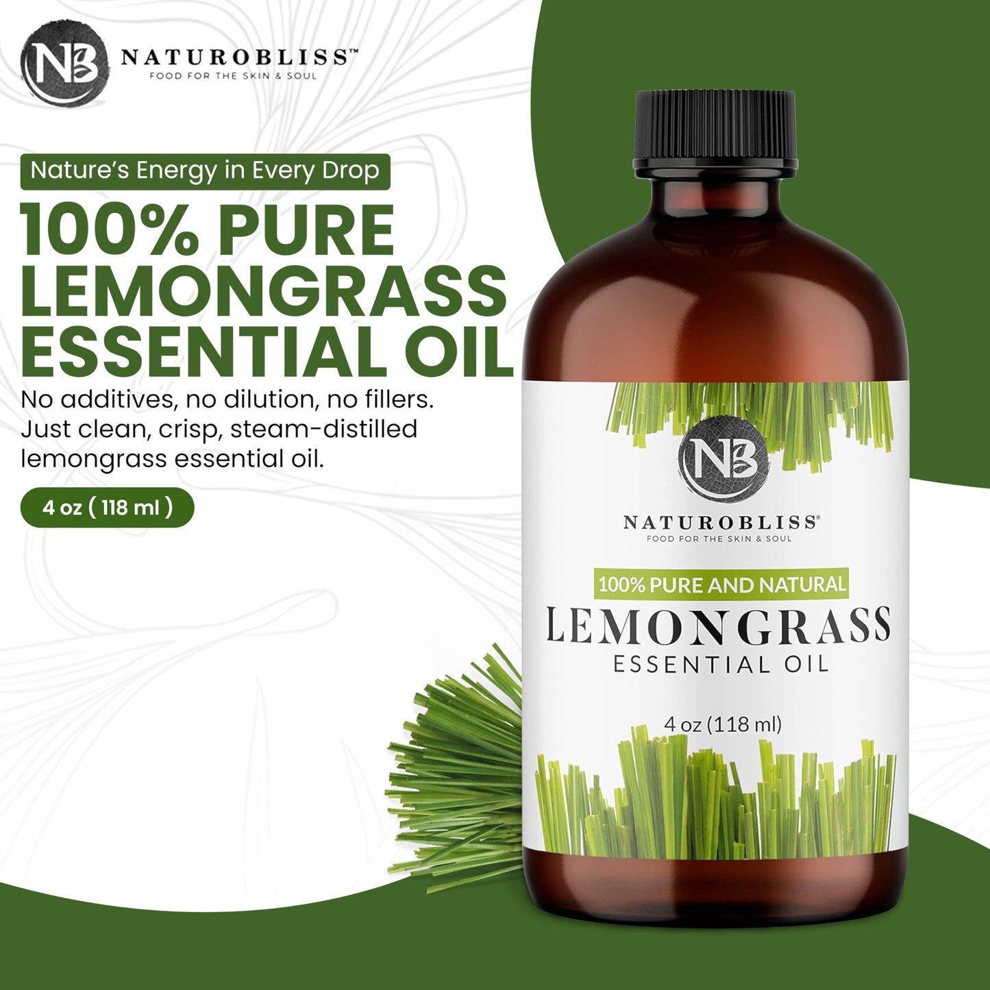 NaturoBliss Lemongrass Essential Oil – 100% Pure, Therapeutic Grade, 4 fl oz with Glass Dropper