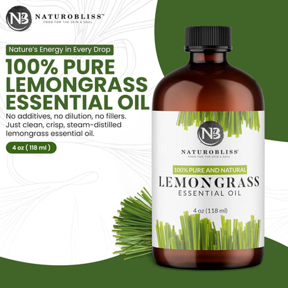 NaturoBliss Lemongrass Essential Oil – 100% Pure, Therapeutic Grade, 4 fl oz with Glass Dropper