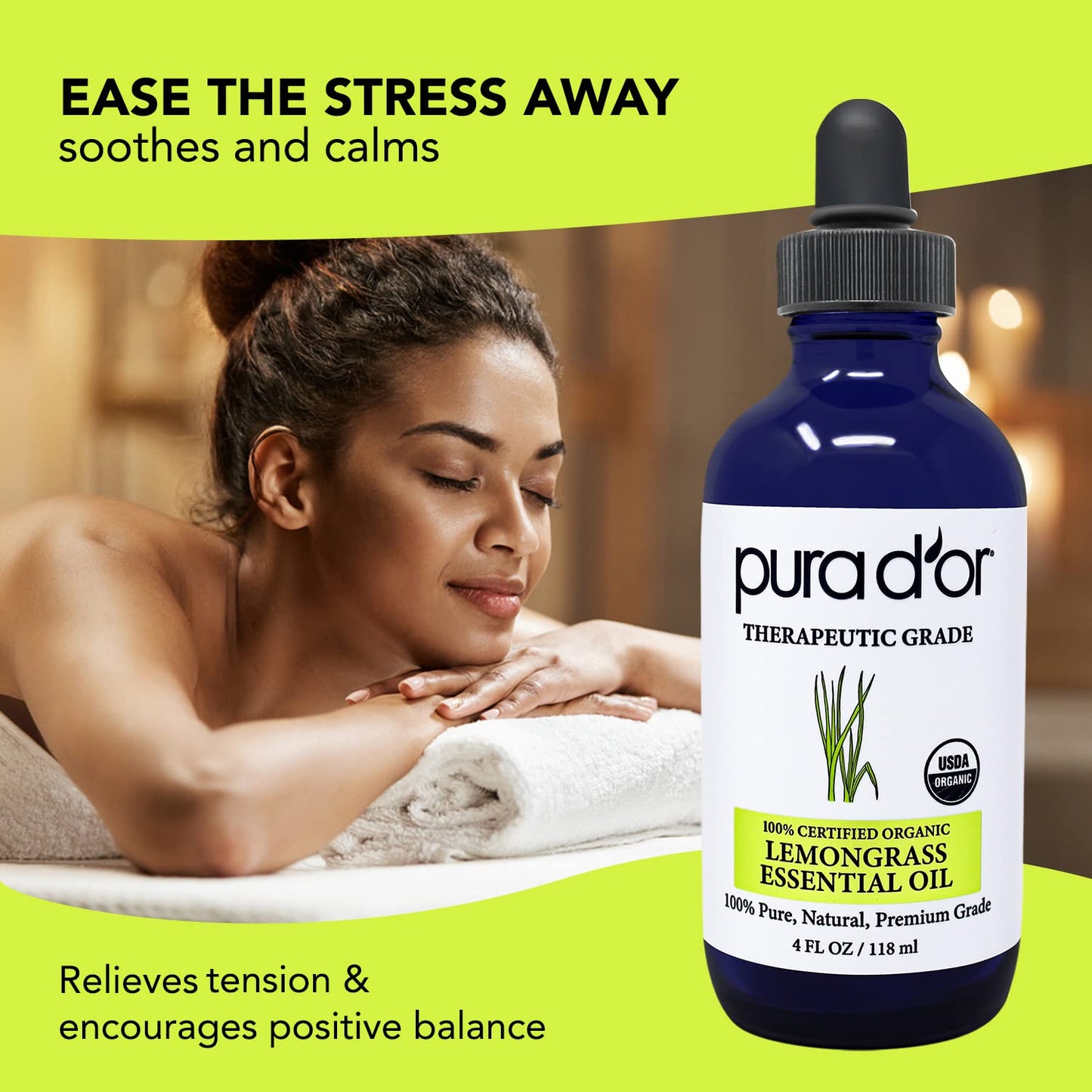 PURA D'OR Organic Lemongrass Essential Oil - 4oz | Therapeutic Grade