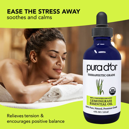 PURA D'OR Organic Lemongrass Essential Oil - 4oz | Therapeutic Grade