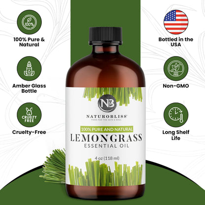 NaturoBliss Lemongrass Essential Oil – 100% Pure, Therapeutic Grade, 4 fl oz with Glass Dropper