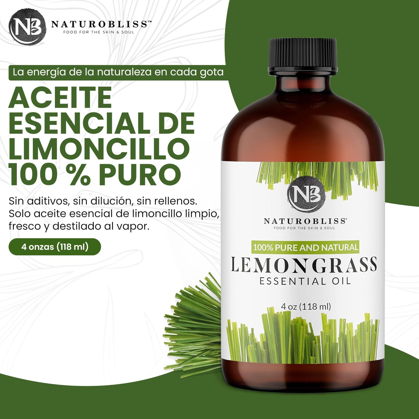 NaturoBliss Lemongrass Essential Oil – 100% Pure, Therapeutic Grade, 4 fl oz with Glass Dropper