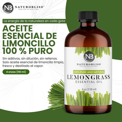 NaturoBliss Lemongrass Essential Oil – 100% Pure, Therapeutic Grade, 4 fl oz with Glass Dropper