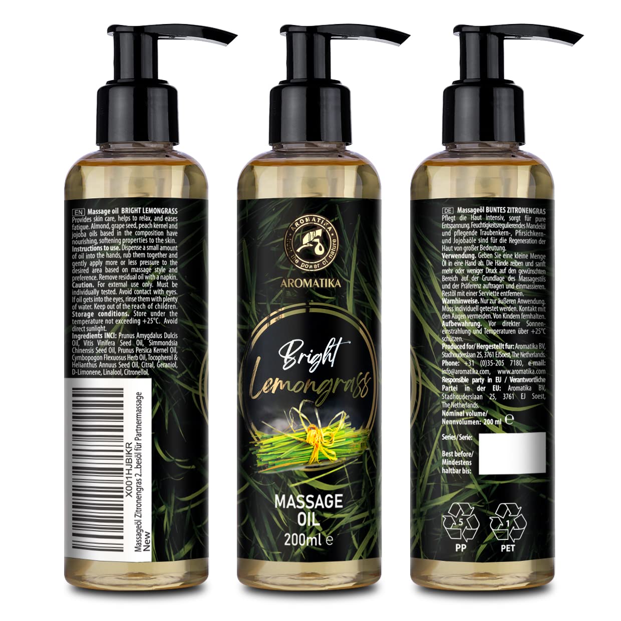 Lemongrass Massage Oil 200ml - Almond, Grapeseed & Wheat Germ - All Skin Types