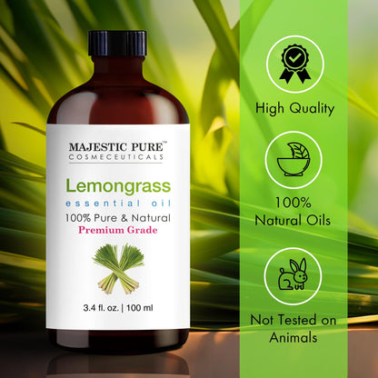 Majestic Pure Lemongrass Essential Oil - 100% Pure & Natural, 3.4 Fl Oz, Dropper Bottle