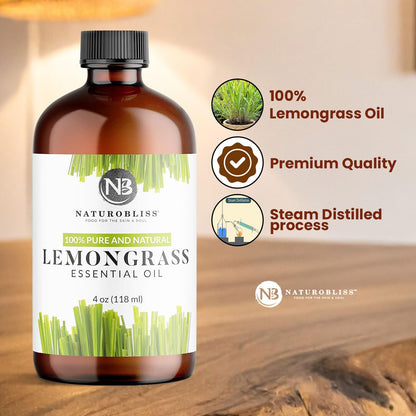 NaturoBliss Lemongrass Essential Oil – 100% Pure, Therapeutic Grade, 4 fl oz with Glass Dropper